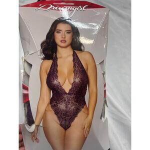 Dreamgirl Purple Gold Foil Lace Halter Teddy – Plunge Chain Lingerie – One Size